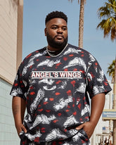Plus Size Men's Vintage Personalized Angel Wings T-shirt Shorts Suit